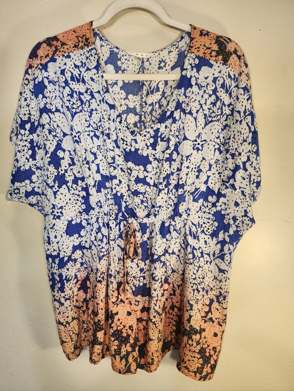 CAbi Blue and Peach Floral Tie-Front Tunic